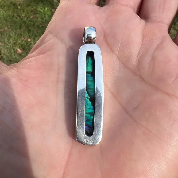 Vintage Sterling Silver Elongated Abalone Shell Pendant - Picture 12 of 16